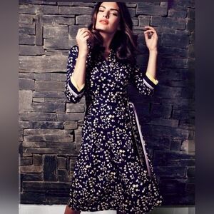 BODEN RIVIERA NAVY LILAC LEMON FLORAL PRINT 3/4 SLEEVE BELTED SHIRT DRESS SZ10L